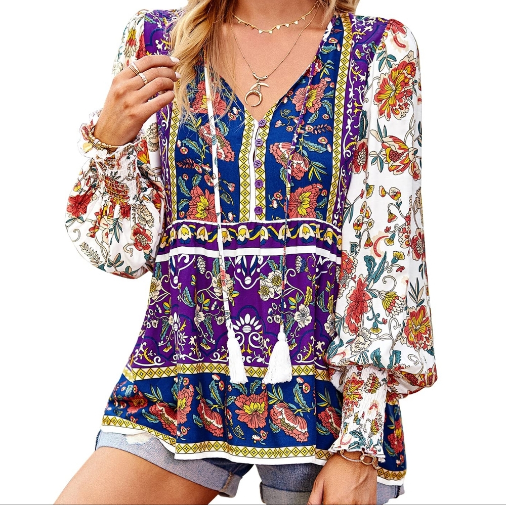 Paisley Top M Tunic Tassel Flowy Balloon Sleeve Hippie Boho Festival‎ Multi NWT